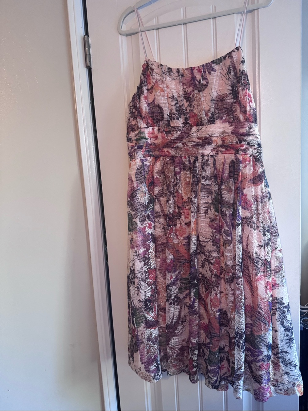 Maeve Anthropologie Floral Print thin Strap cocktail dress, pink watercolor